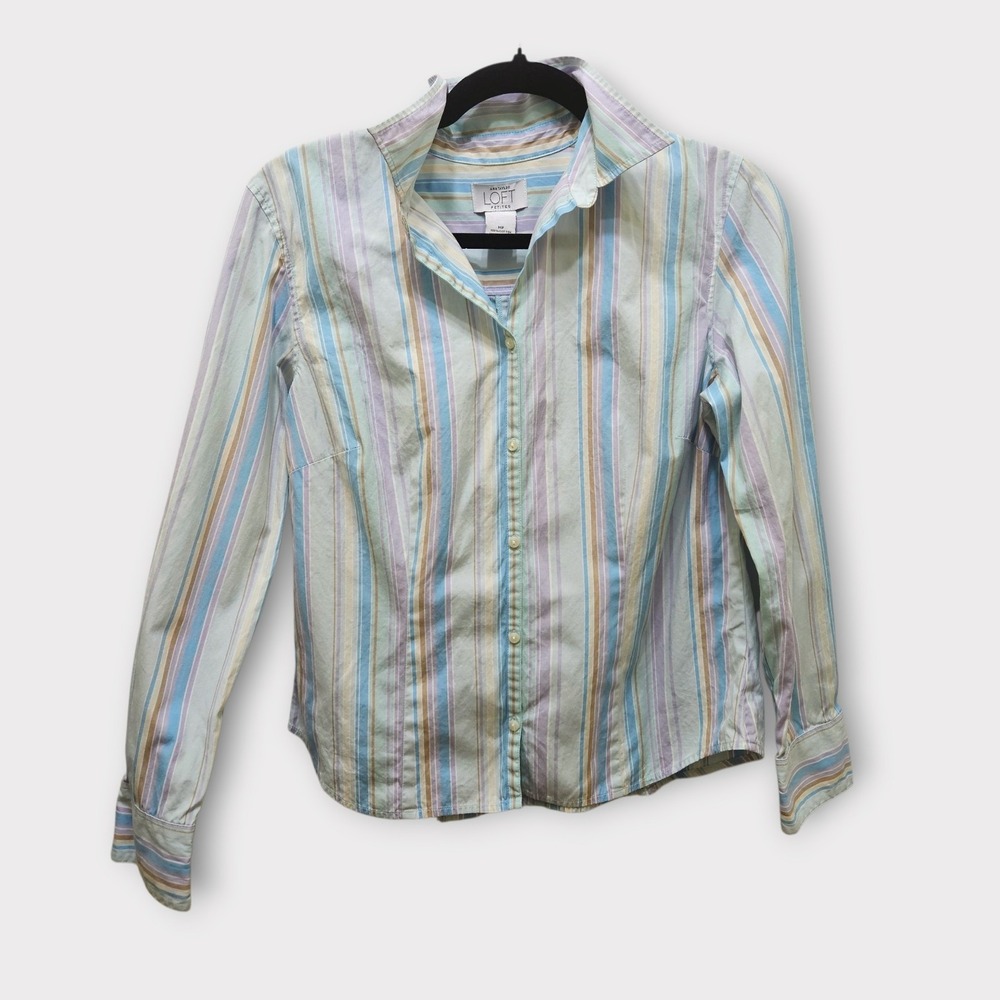 LOFT Striped Button Down Shirt Pastel Colors Fitted LS Cotton Womens‎ Petite MP